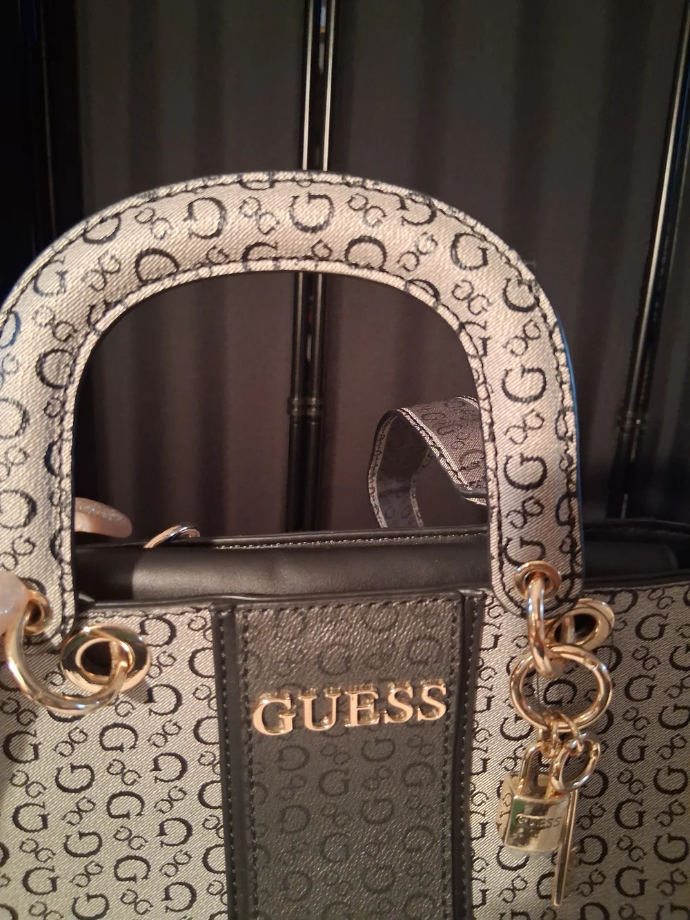Guess Monogram Logo Satchel in Black and Gray with Gold Hardware